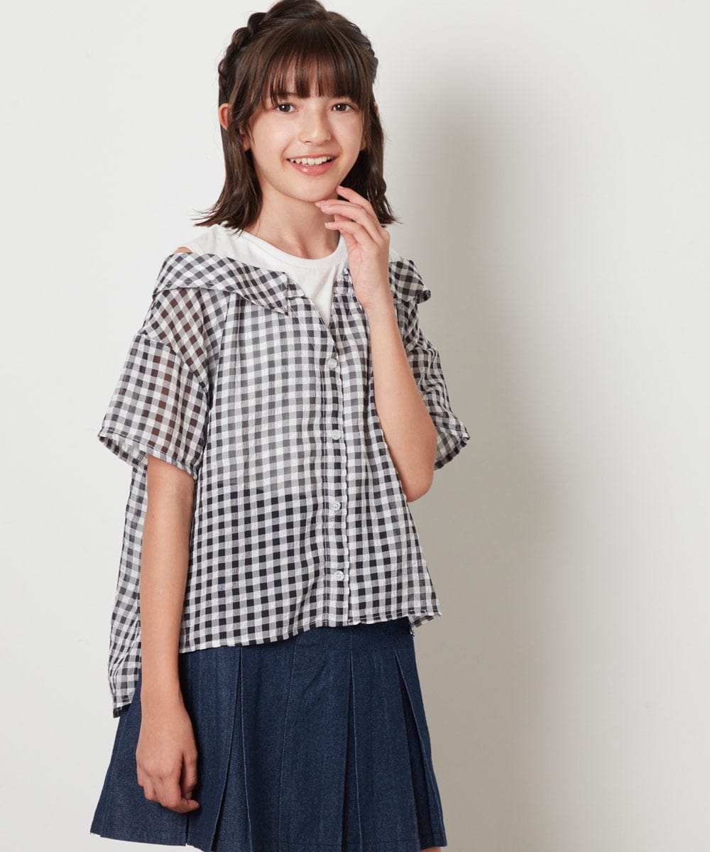 KJBHW22029 a.v.v KIDS(アー・ヴェ・ヴェ) [140-150]シアーチェックオフショルレイヤードブラウス ライトブルー