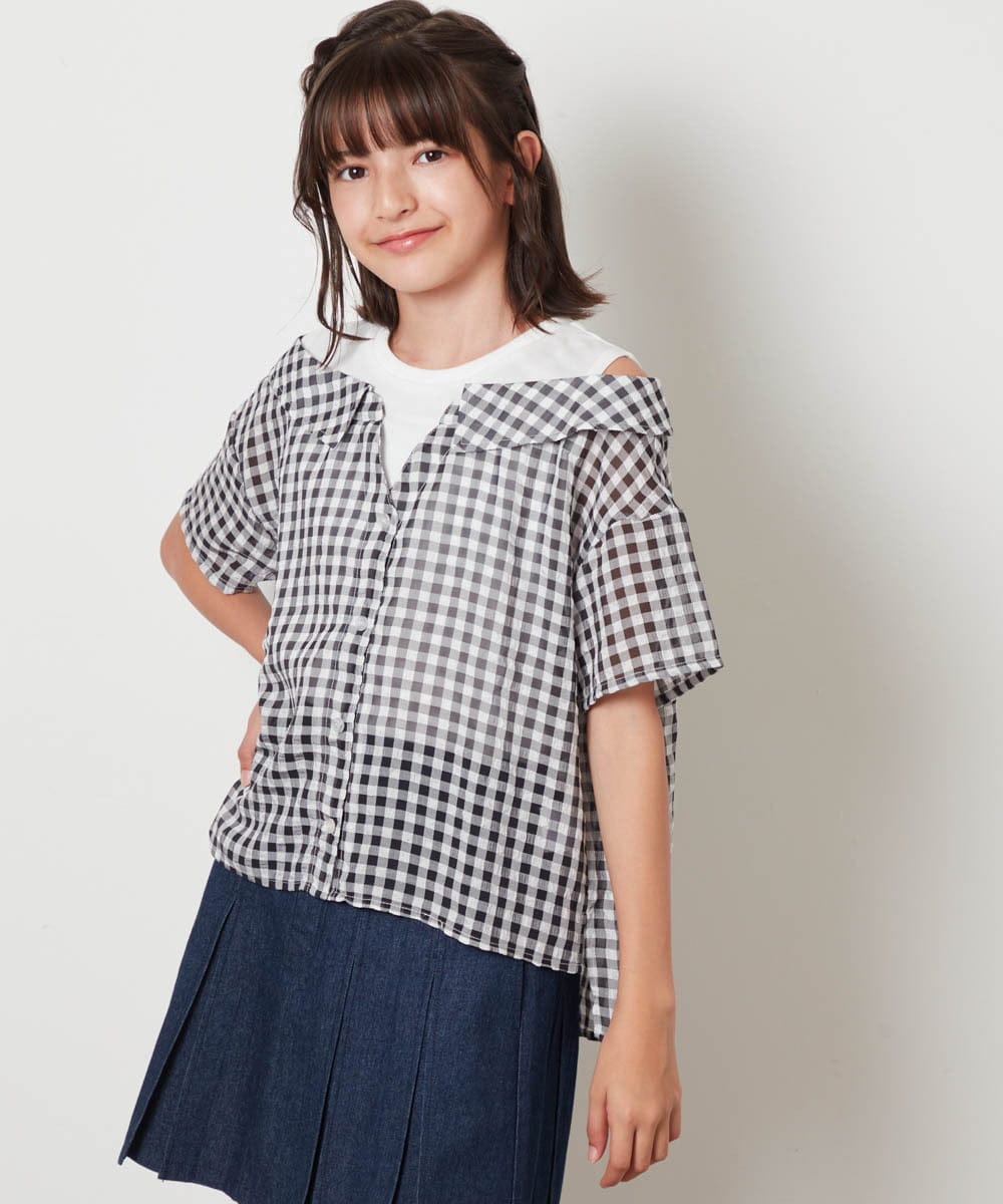 KJBHW22029 a.v.v KIDS(アー・ヴェ・ヴェ) [140-150]シアーチェックオフショルレイヤードブラウス ライトブルー