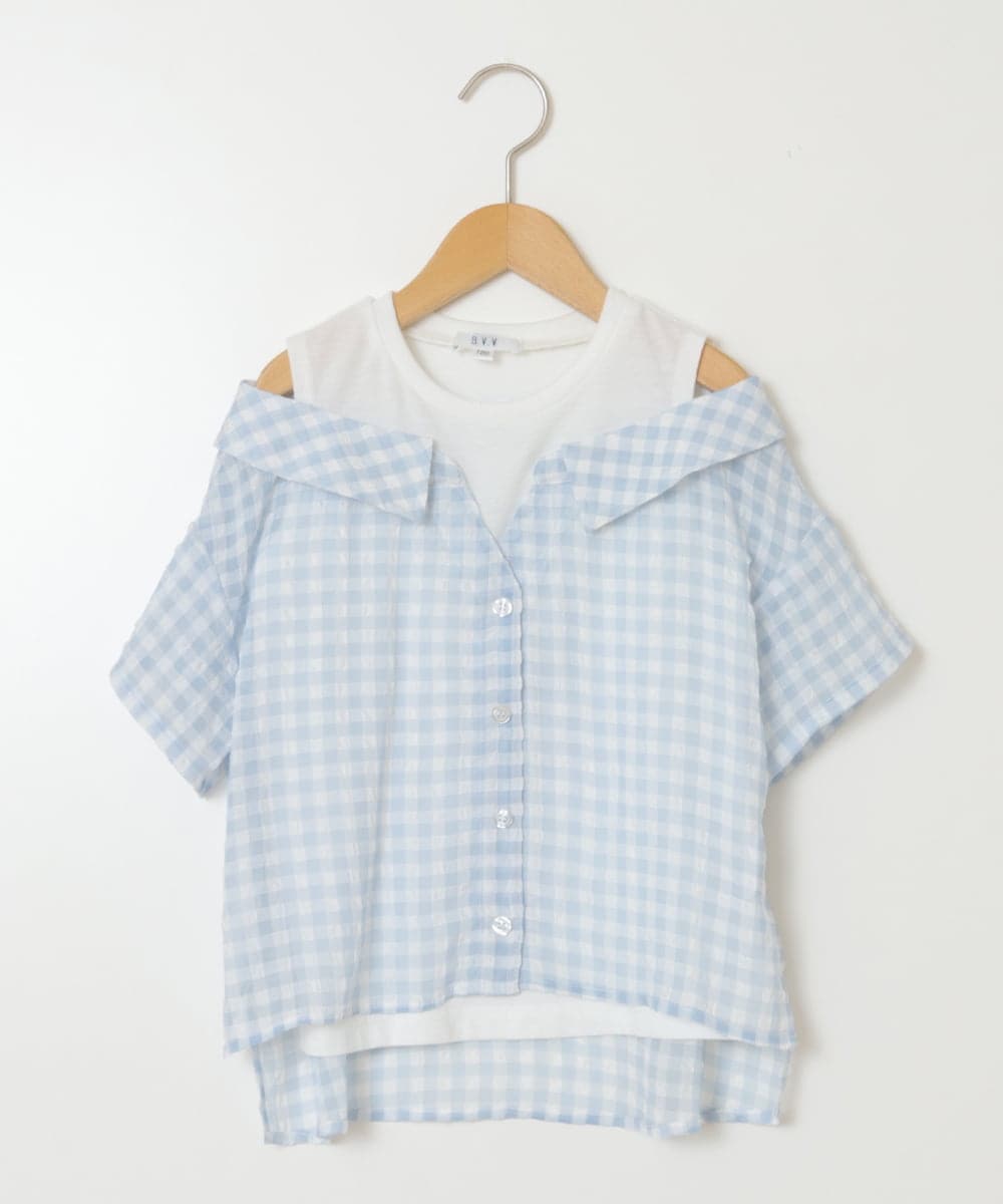 KJBHW22029 a.v.v KIDS(アー・ヴェ・ヴェ) [140-150]シアーチェックオフショルレイヤードブラウス ライトブルー