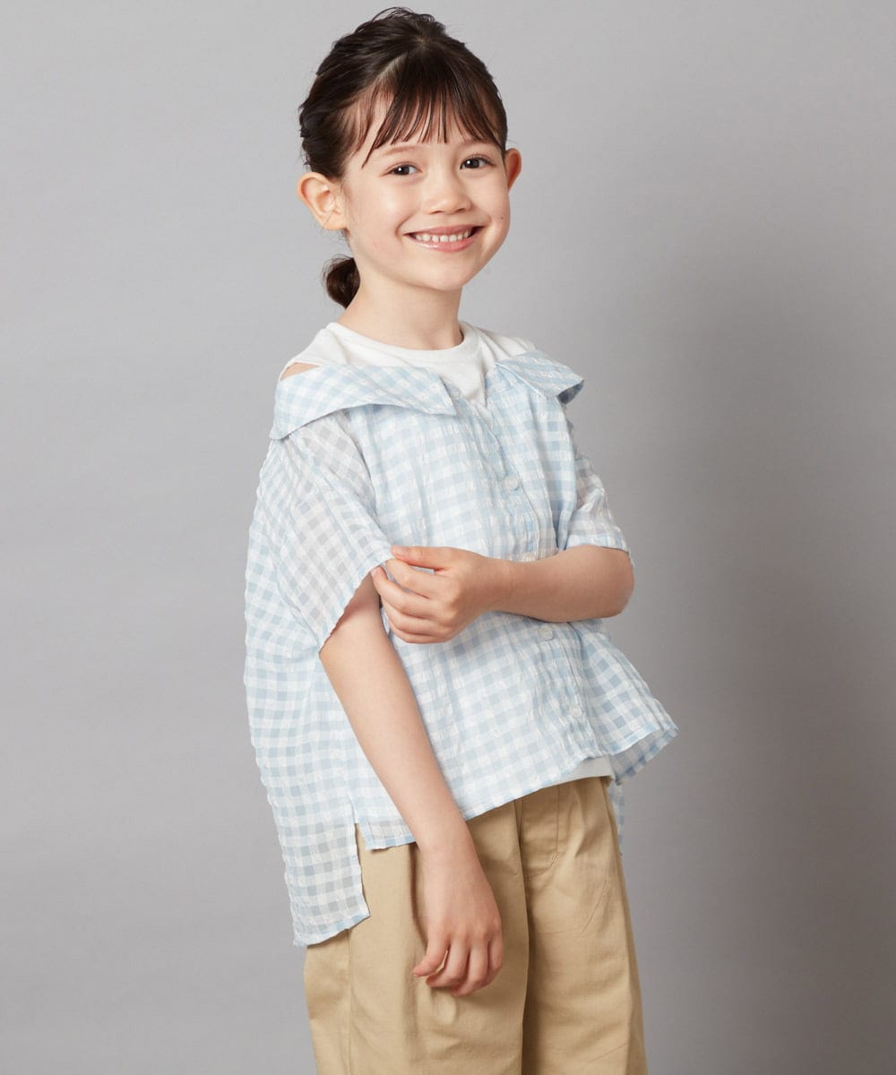 KJBHW22029 a.v.v KIDS(アー・ヴェ・ヴェ) [140-150]シアーチェックオフショルレイヤードブラウス ライトブルー