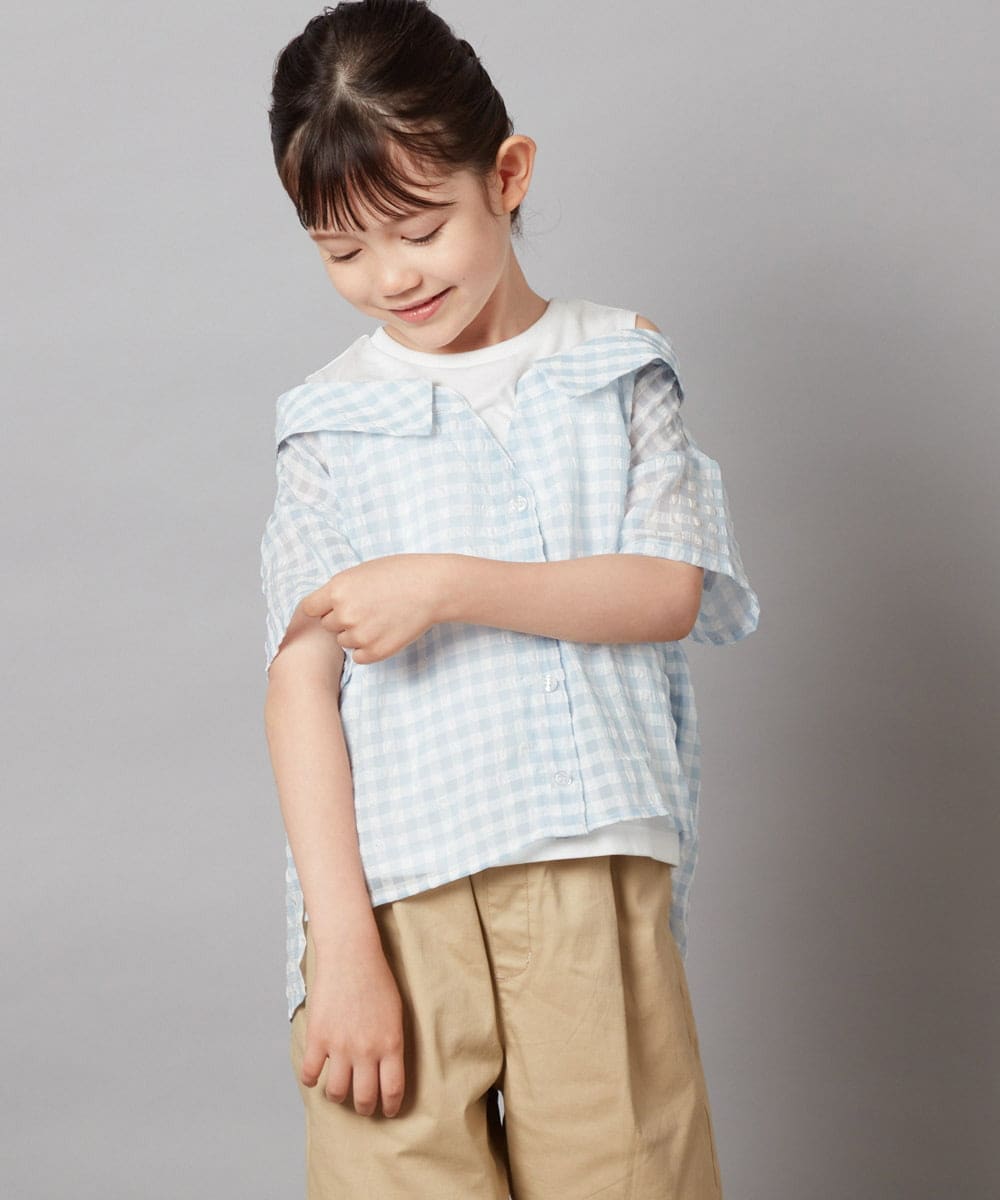 KJBHW22029 a.v.v KIDS(アー・ヴェ・ヴェ) [140-150]シアーチェックオフショルレイヤードブラウス ライトブルー