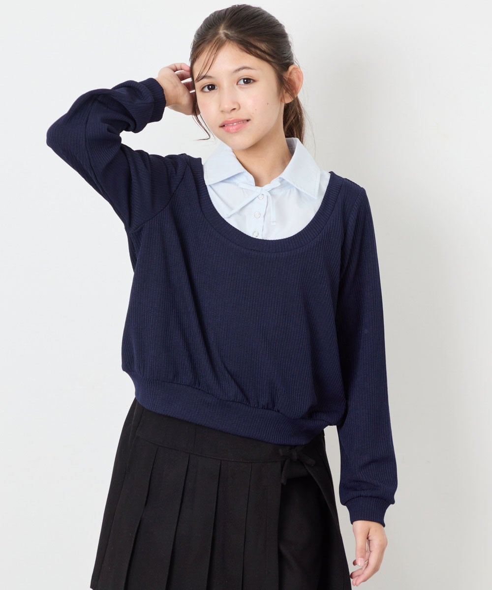 KJBJD02044 a.v.v KIDS(アー・ヴェ・ヴェ) [130-160]【洗える/毛玉になりにくい】シャツレイヤー風トップス ネイビー