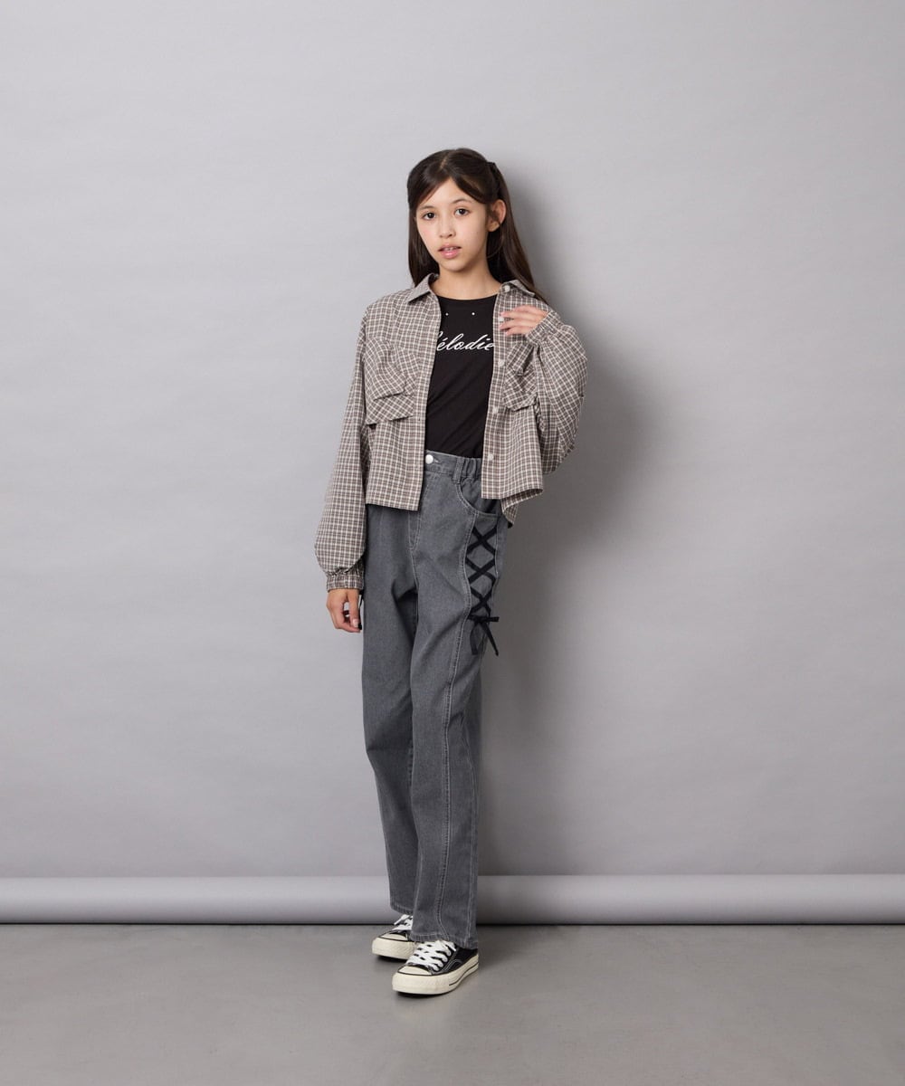 KJBJD03034 a.v.v KIDS(アー・ヴェ・ヴェ) [140-160]クロップドリボンシャツ ライトグレー