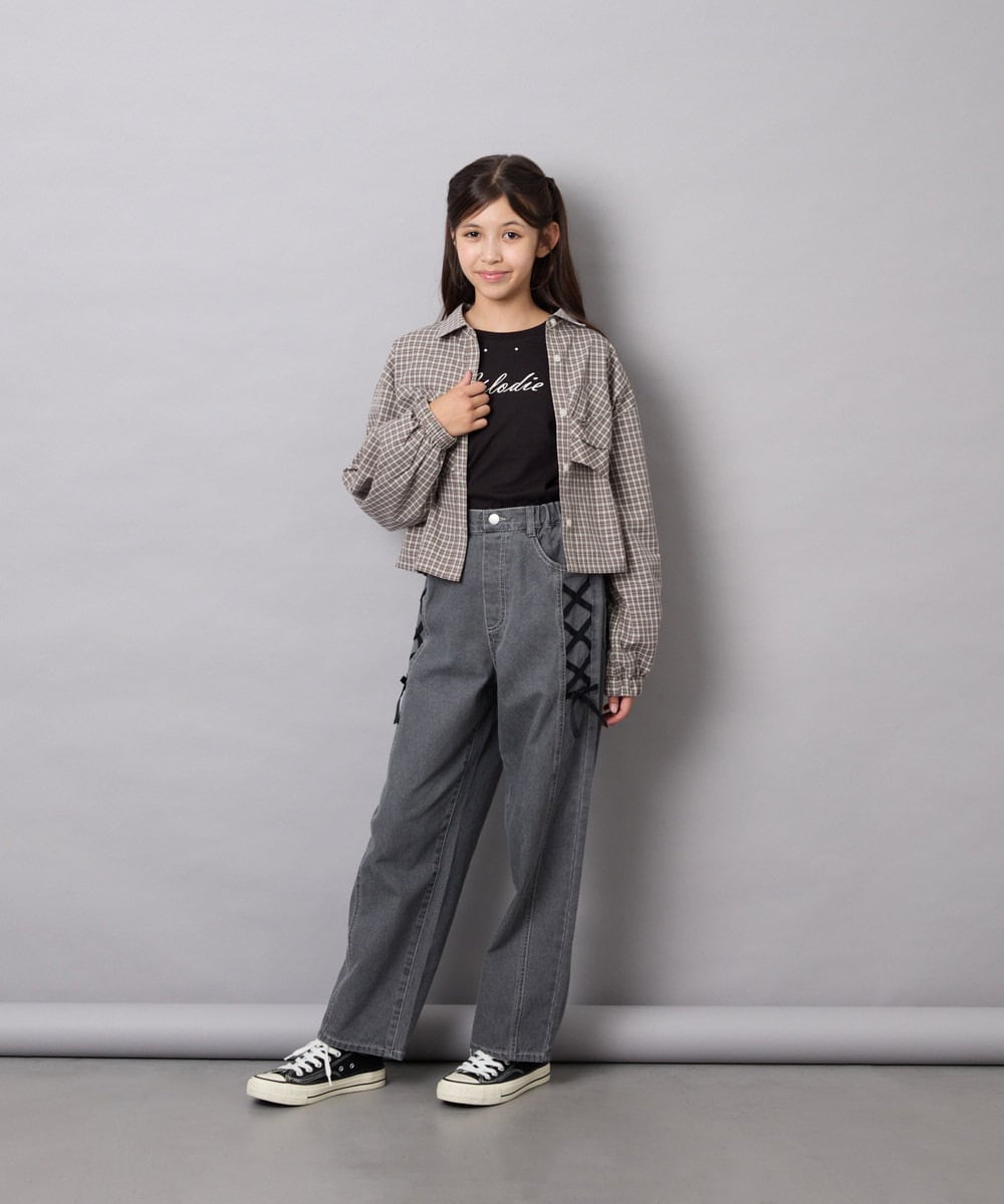KJBJD03034 a.v.v KIDS(アー・ヴェ・ヴェ) [140-160]クロップドリボンシャツ ライトグレー