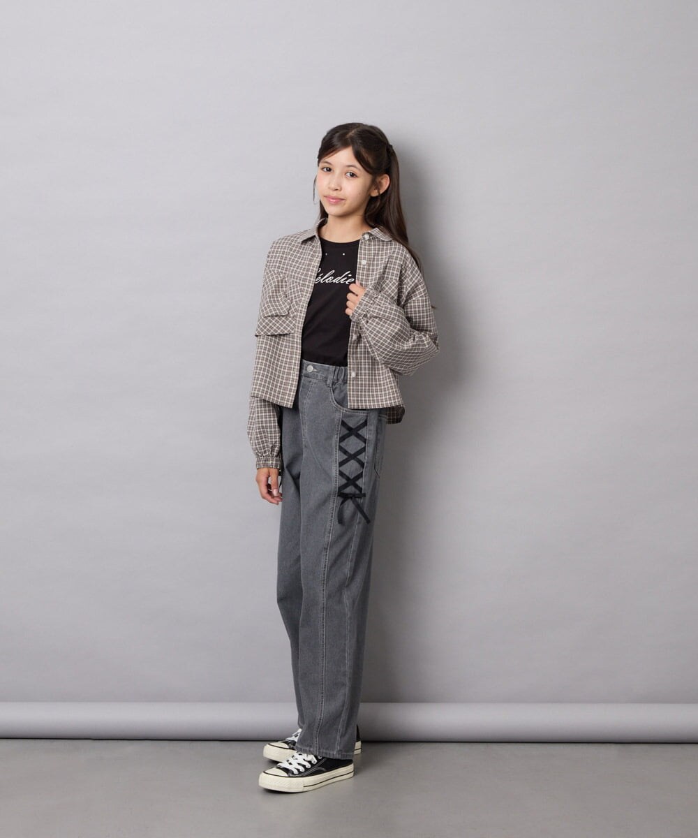 KJBJD03034 a.v.v KIDS(アー・ヴェ・ヴェ) [140-160]クロップドリボンシャツ ライトグレー