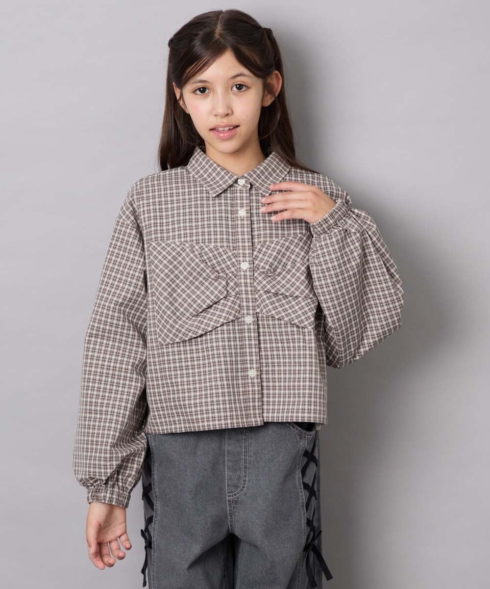 KJBJD03034 a.v.v KIDS(アー・ヴェ・ヴェ) [140-160]クロップドリボンシャツ ライトグレー