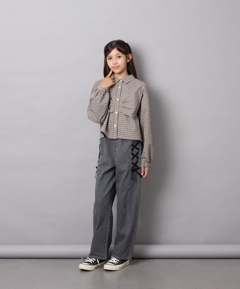 KJBJD03034 a.v.v KIDS(アー・ヴェ・ヴェ) [140-160]クロップドリボンシャツ ライトグレー