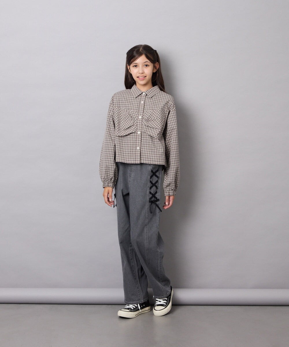 KJBJD03034 a.v.v KIDS(アー・ヴェ・ヴェ) [140-160]クロップドリボンシャツ ライトグレー