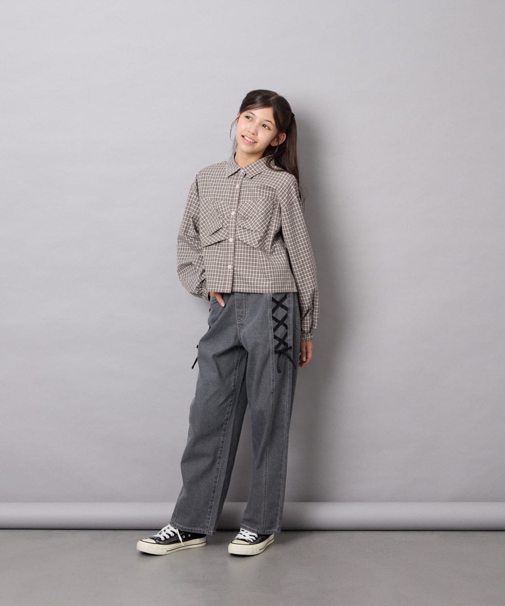 KJBJD03034 a.v.v KIDS(アー・ヴェ・ヴェ) [140-160]クロップドリボンシャツ ライトグレー