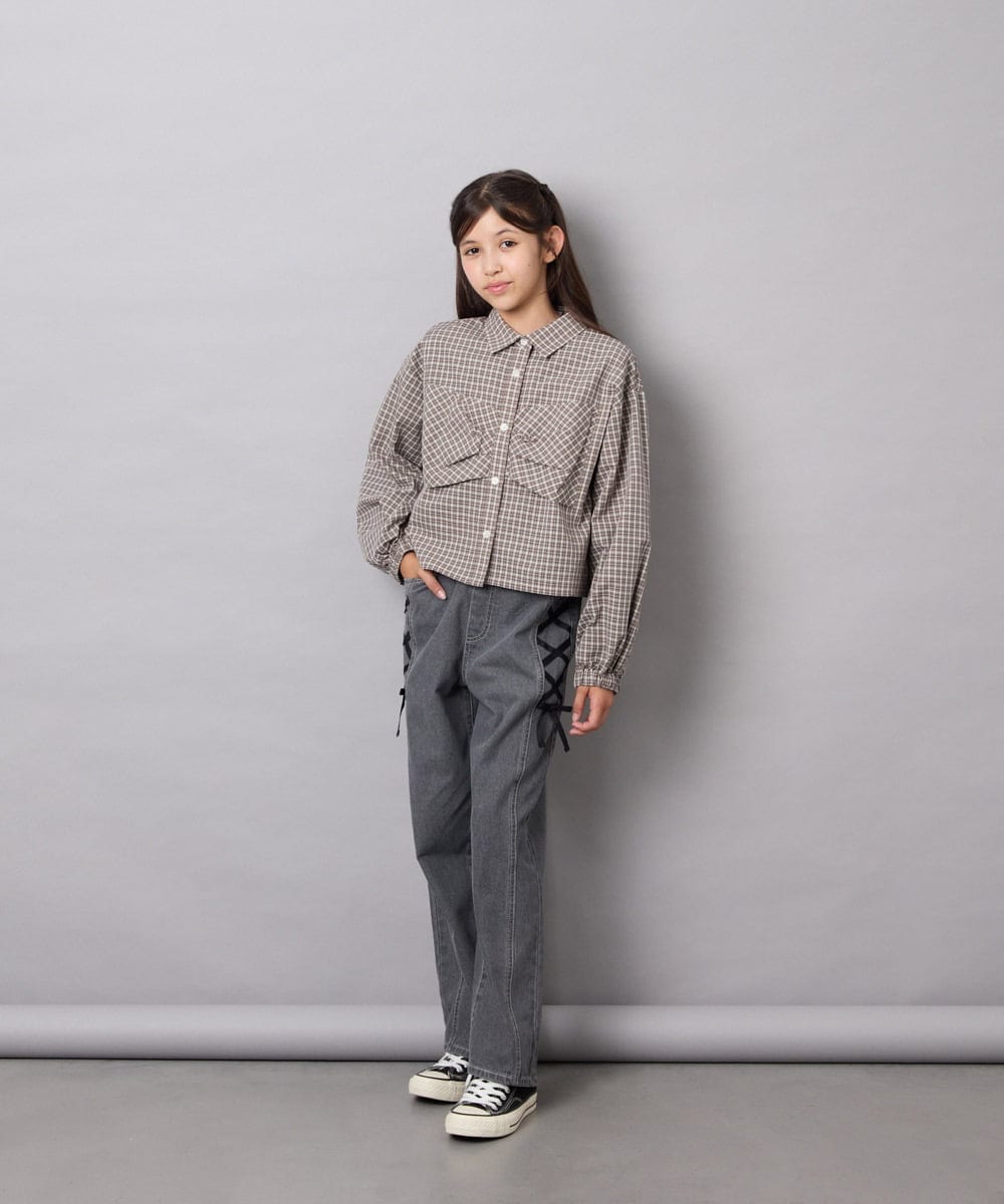 KJBJD03034 a.v.v KIDS(アー・ヴェ・ヴェ) [140-160]クロップドリボンシャツ ライトグレー