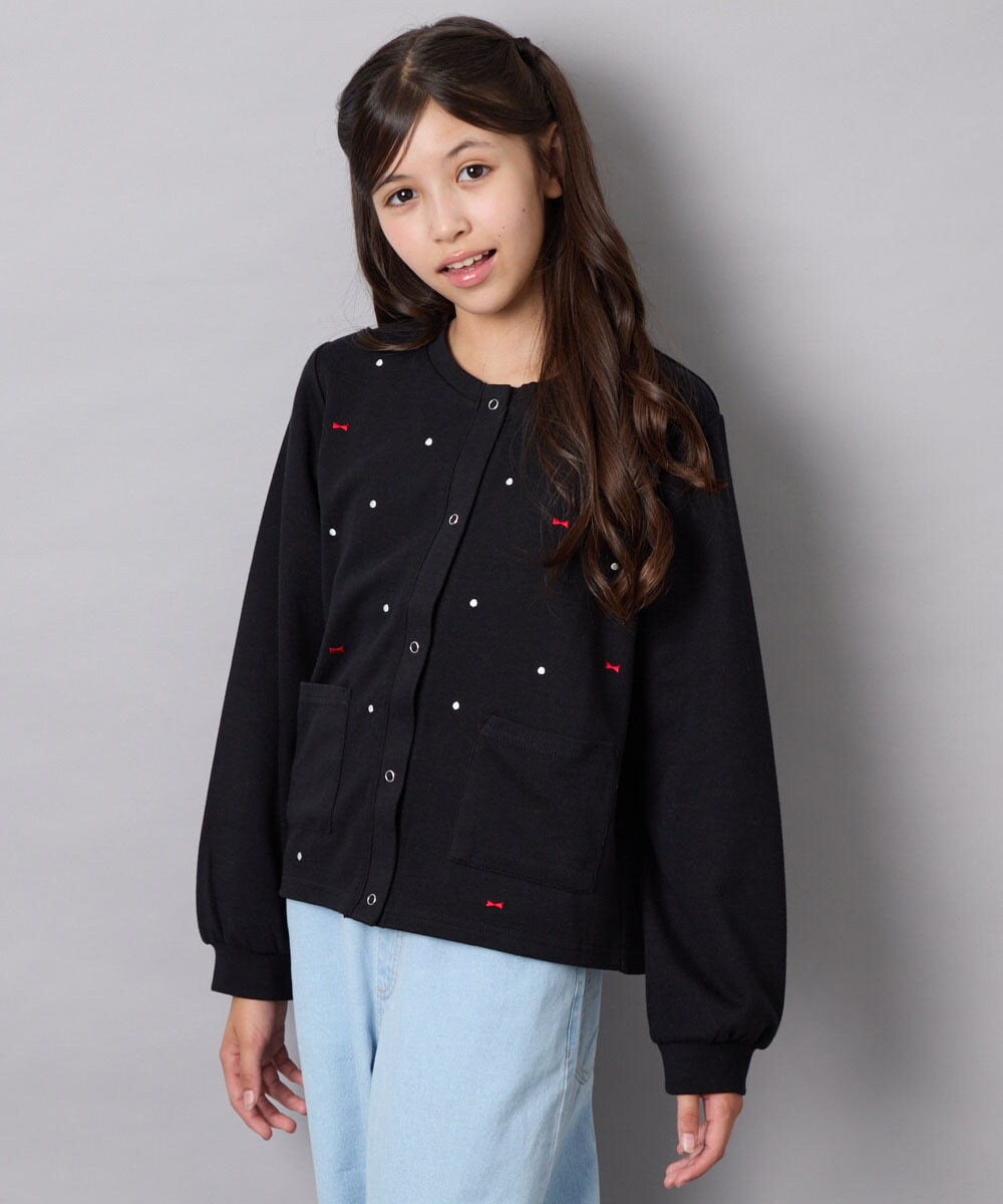 KJCJD02044 a.v.v KIDS(アー・ヴェ・ヴェ) [120-160]【洗える/イージーケア】刺繍カットソーカーディガン ブラック