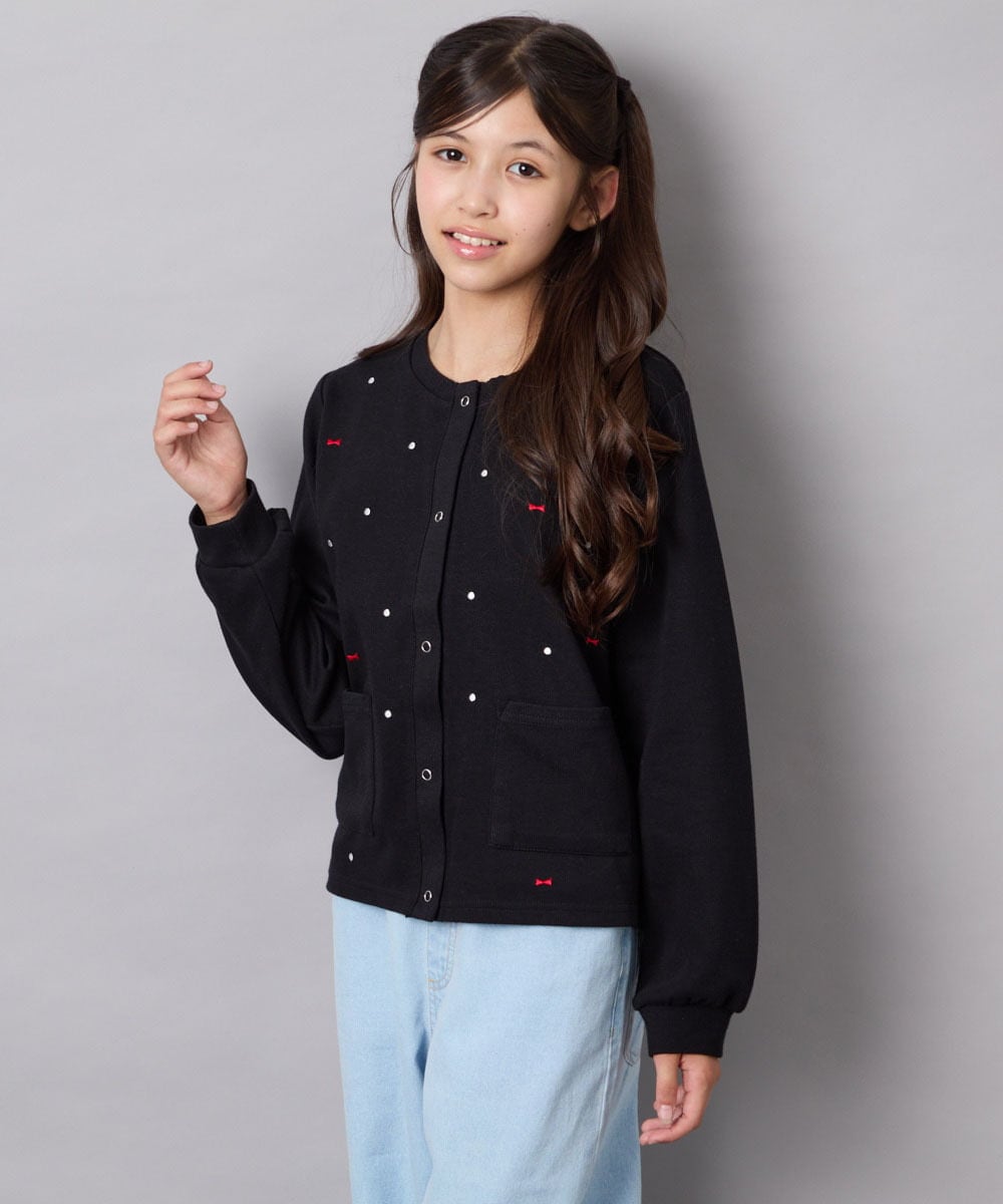 KJCJD02044 a.v.v KIDS(アー・ヴェ・ヴェ) [120-160]【洗える/イージーケア】刺繍カットソーカーディガン ブラック