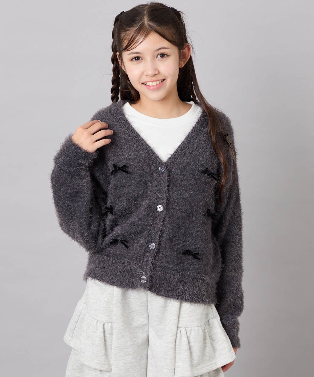KJCLD08049 a.v.v KIDS(アー・ヴェ・ヴェ) [130-160]【洗える】リボンフェザーカーデ グレー