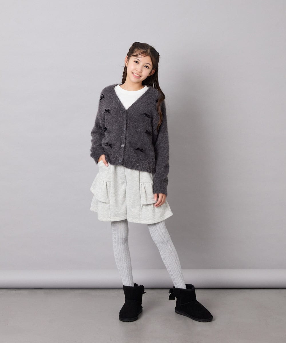 KJCLD08049 a.v.v KIDS(アー・ヴェ・ヴェ) [130-160]【洗える】リボンフェザーカーデ グレー