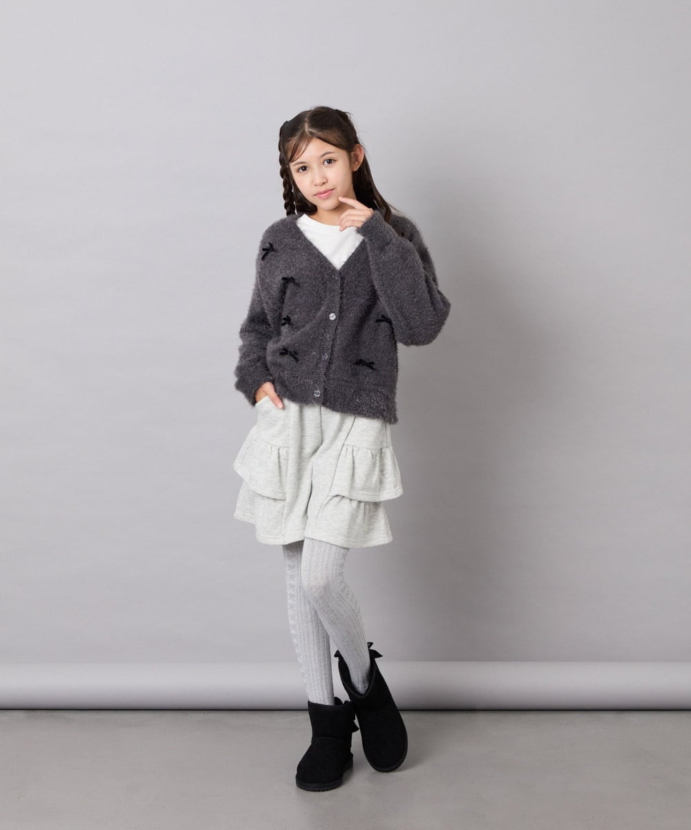 KJCLD08049 a.v.v KIDS(アー・ヴェ・ヴェ) [130-160]【洗える】リボンフェザーカーデ グレー