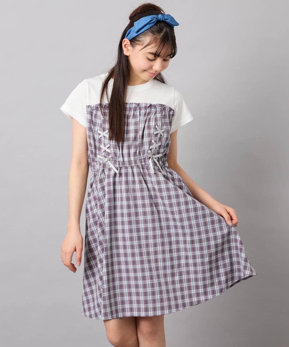 KJEFD40054 a.v.v KIDS(アー・ヴェ・ヴェ) [120-160]レースアップドッキングワンピース グレー