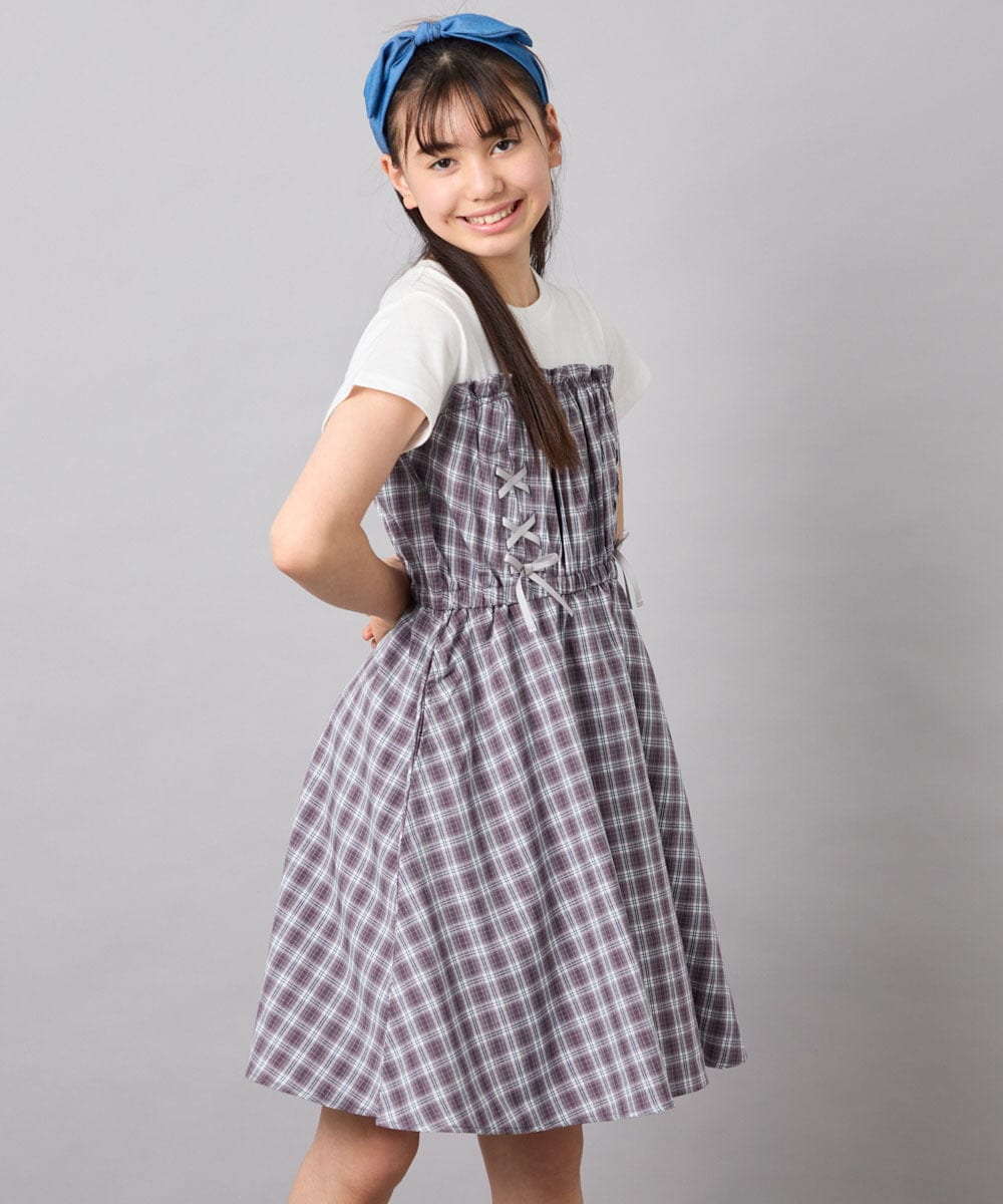 KJEFD40054 a.v.v KIDS(アー・ヴェ・ヴェ) [120-160]レースアップドッキングワンピース グレー