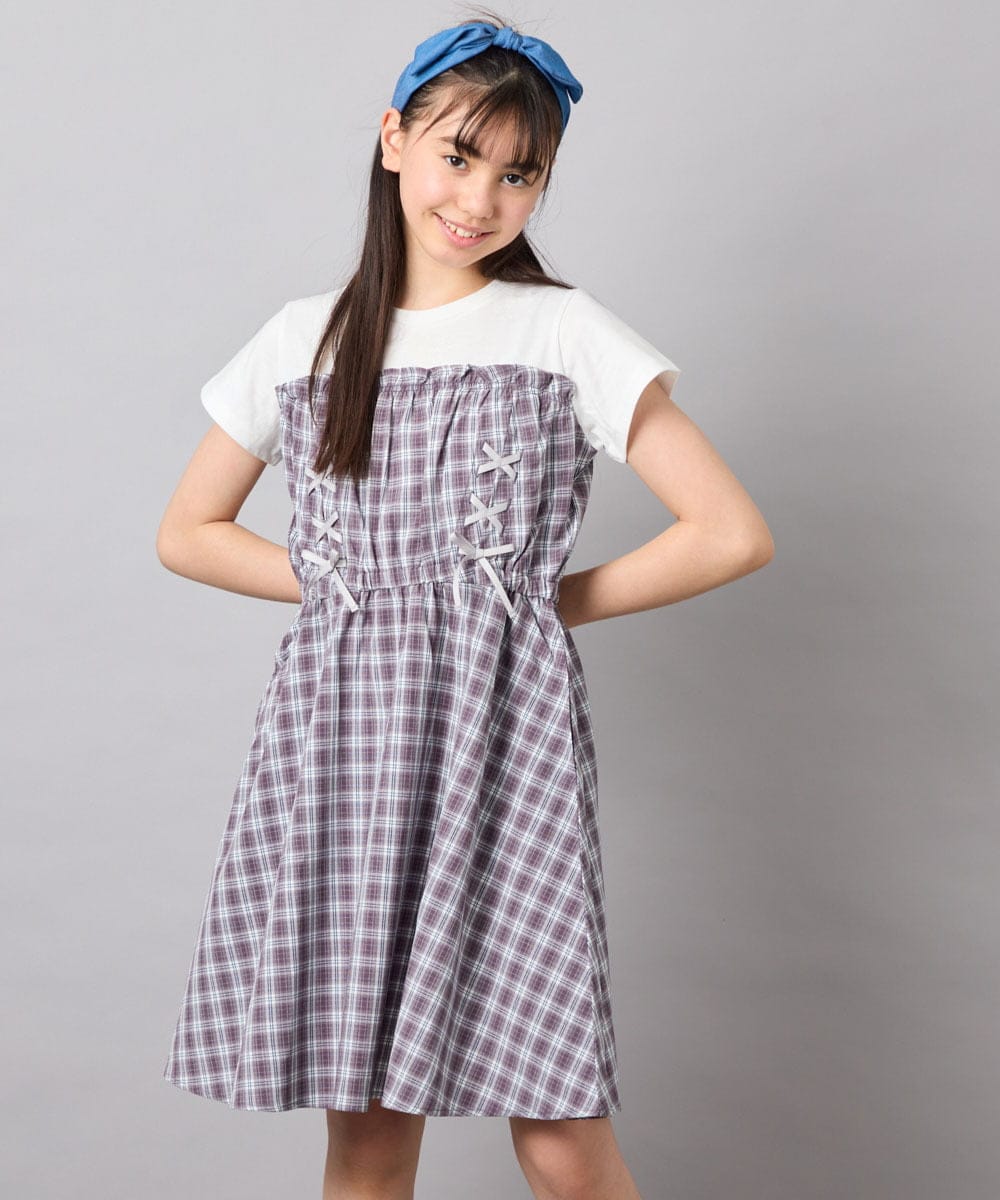 KJEFD40054 a.v.v KIDS(アー・ヴェ・ヴェ) [120-160]レースアップドッキングワンピース グレー