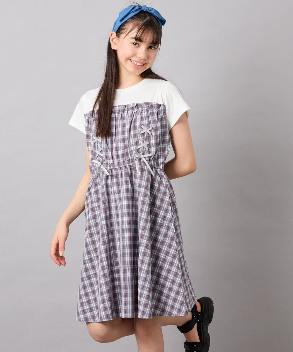 KJEFD40054 a.v.v KIDS(アー・ヴェ・ヴェ) [120-160]レースアップドッキングワンピース グレー