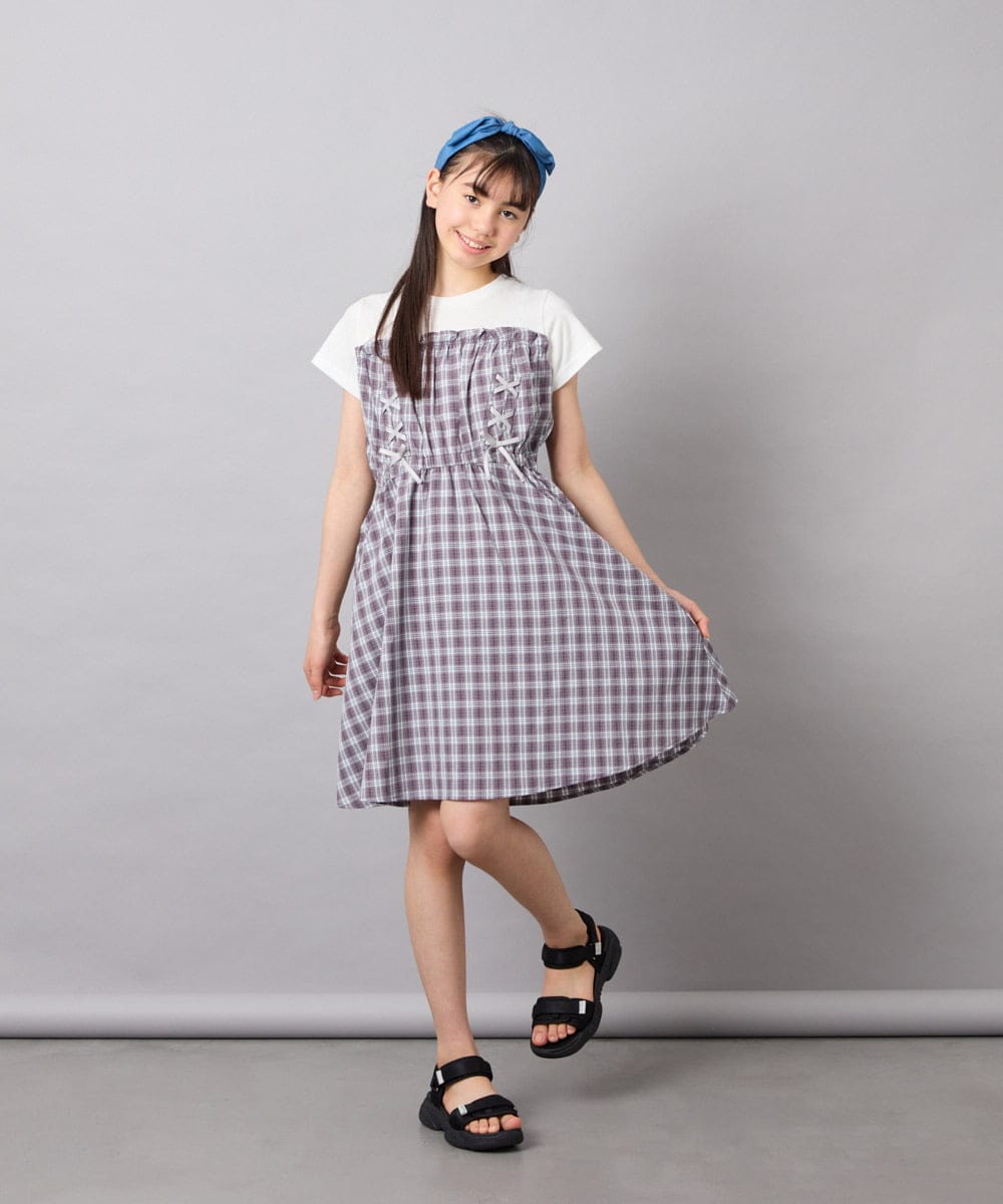 KJEFD40054 a.v.v KIDS(アー・ヴェ・ヴェ) [120-160]レースアップドッキングワンピース グレー