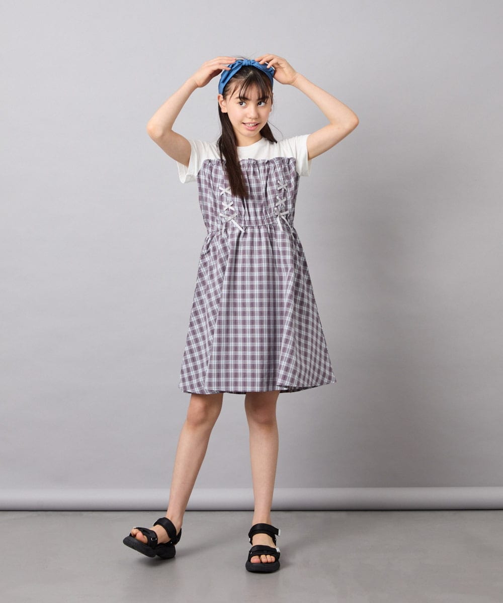 KJEFD40054 a.v.v KIDS(アー・ヴェ・ヴェ) [120-160]レースアップドッキングワンピース グレー