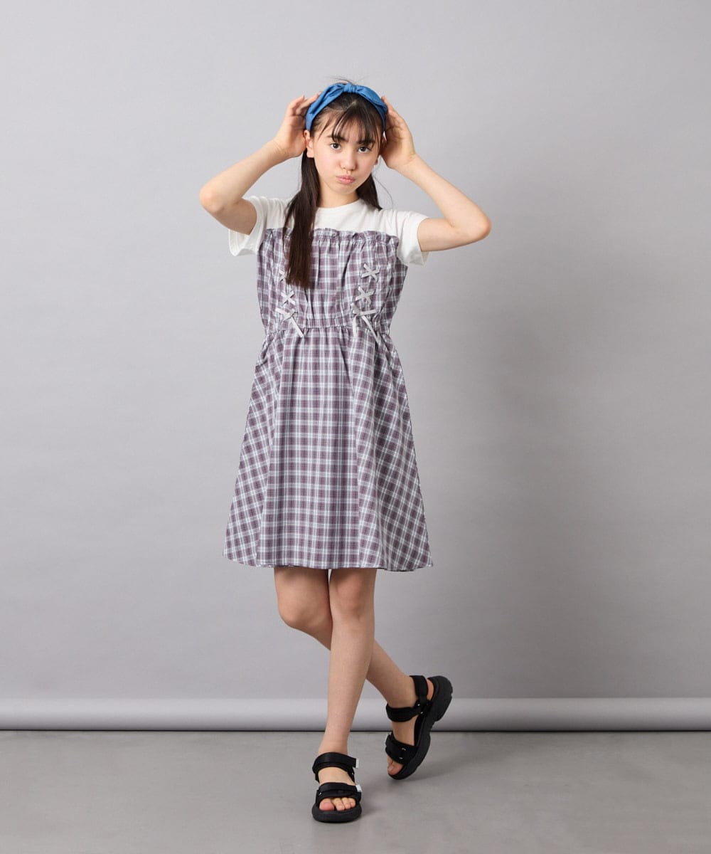 KJEFD40054 a.v.v KIDS(アー・ヴェ・ヴェ) [120-160]レースアップドッキングワンピース グレー