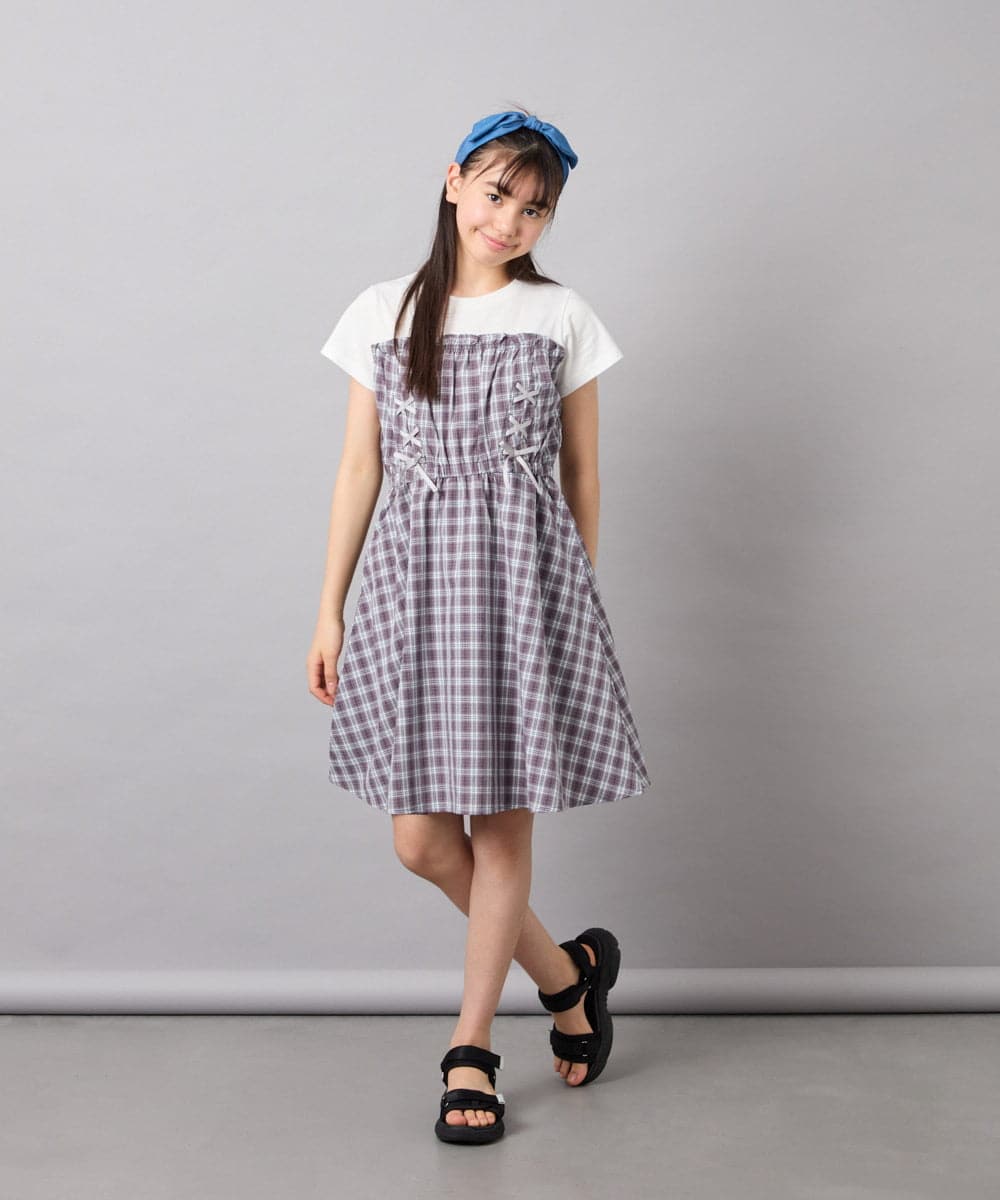 KJEFD40054 a.v.v KIDS(アー・ヴェ・ヴェ) [120-160]レースアップドッキングワンピース グレー