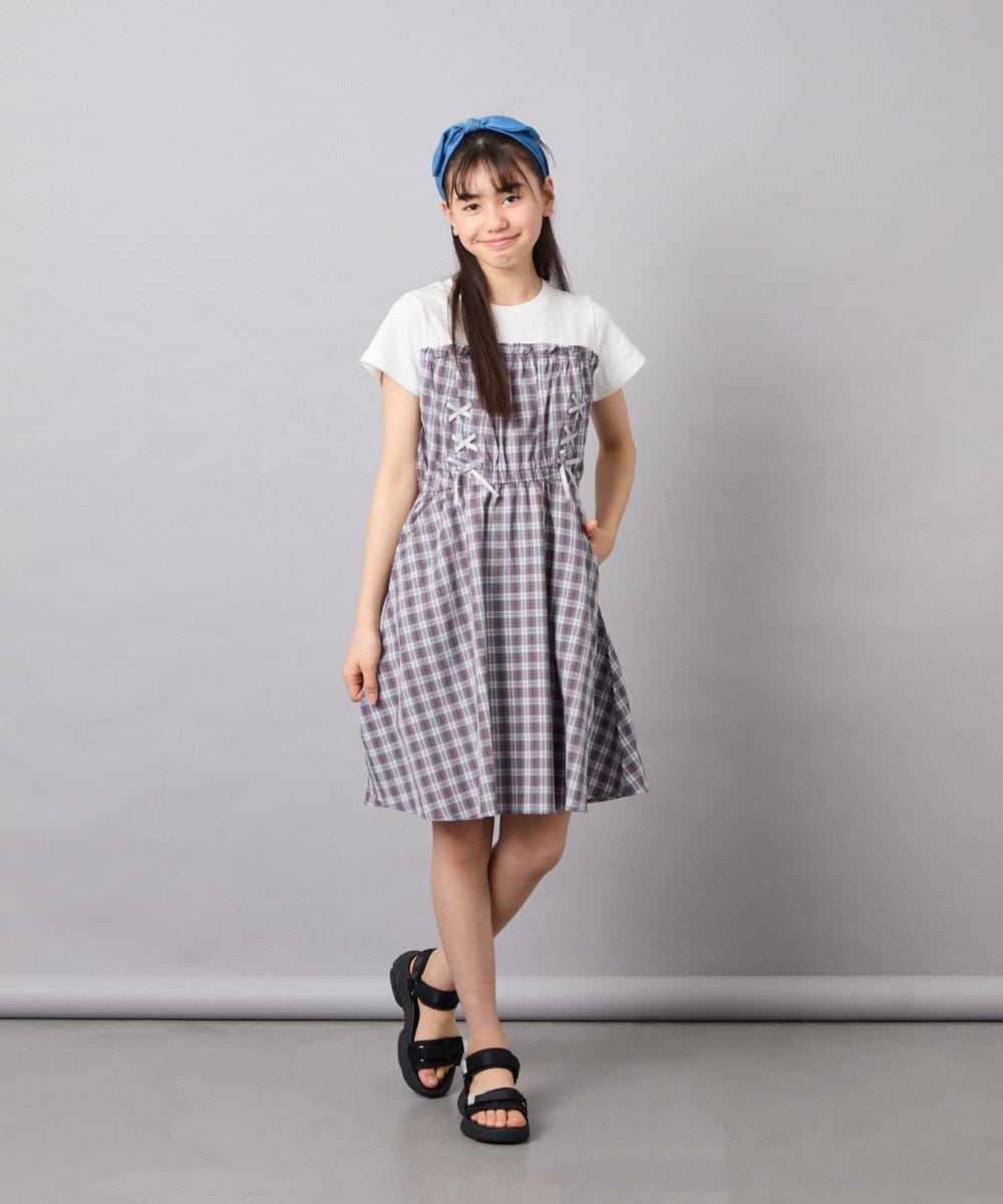 KJEFD40054 a.v.v KIDS(アー・ヴェ・ヴェ) [120-160]レースアップドッキングワンピース グレー