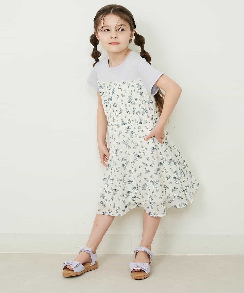 KJEFP45034 a.v.v KIDS(アー・ヴェ・ヴェ) [100-130]花柄シフォンドッキングワンピース ホワイト