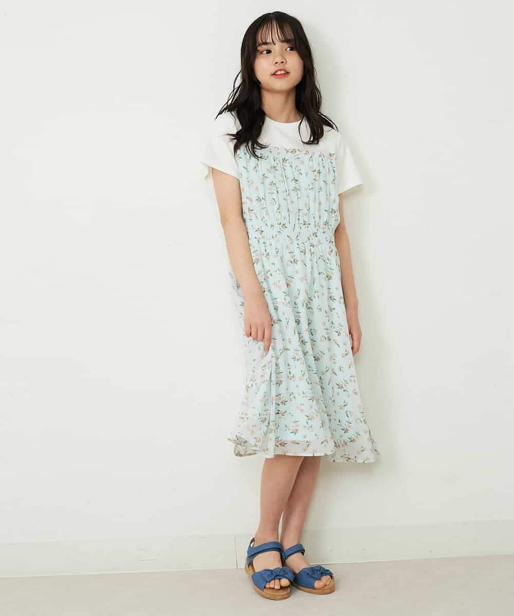 KJEFP45034 a.v.v KIDS(アー・ヴェ・ヴェ) [100-130]花柄シフォンドッキングワンピース ホワイト