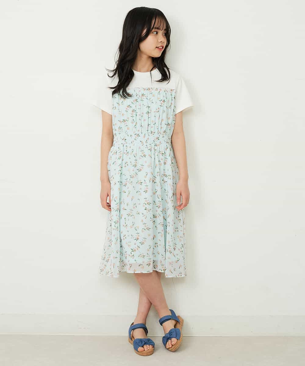KJEFP45034 a.v.v KIDS(アー・ヴェ・ヴェ) [100-130]花柄シフォンドッキングワンピース ホワイト