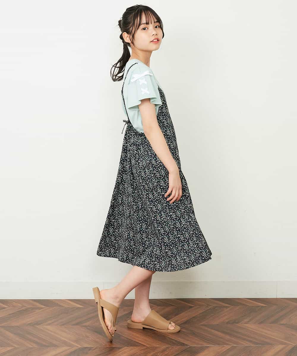 KJEFQ40039 a.v.v KIDS(アー・ヴェ・ヴェ) [140-150]フラワープリントバックリボンワンピース ネイビー