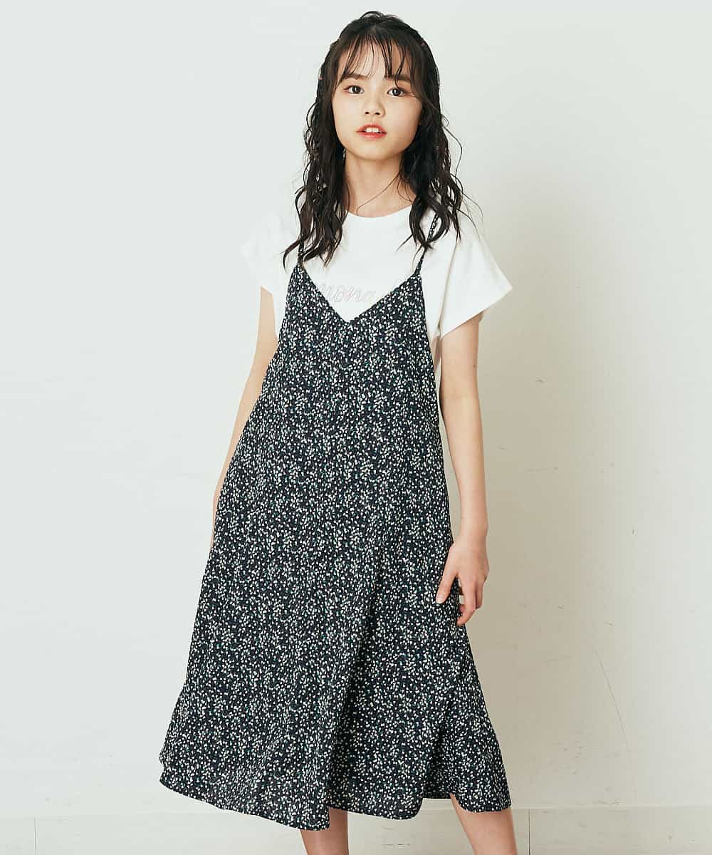 KJEFQ40039 a.v.v KIDS(アー・ヴェ・ヴェ) [140-150]フラワープリントバックリボンワンピース ネイビー