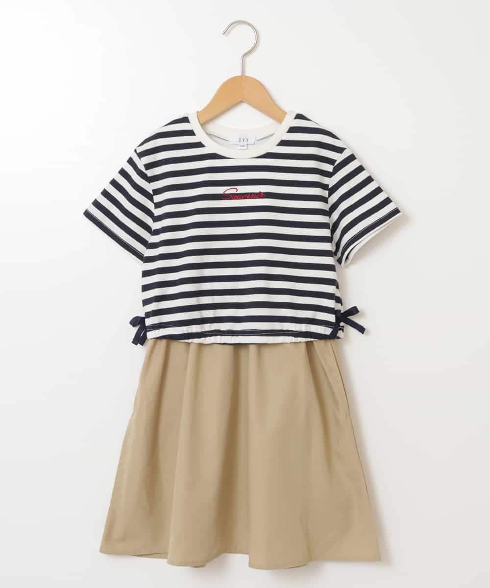 KJEFS42034 a.v.v KIDS(アー・ヴェ・ヴェ) [100-130]サイドリボンロゴ刺繍ドッキングワンピース ベージュ