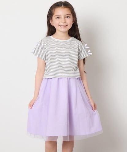 KJEGA41044 a.v.v KIDS [120-130]袖リボンチュールドッキングワンピース