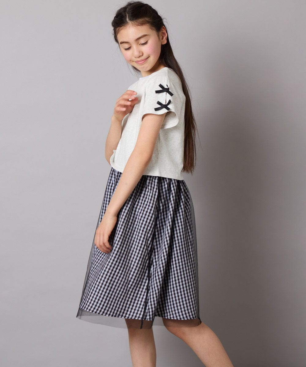 KJEGA41044 a.v.v KIDS(アー・ヴェ・ヴェ) [120-130]袖リボンチュールドッキングワンピース ラベンダー