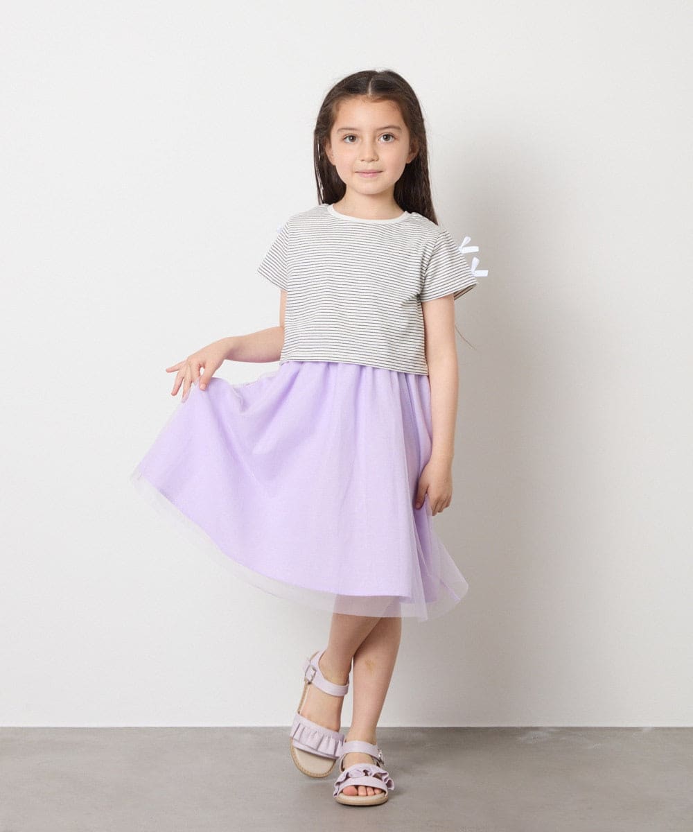 KJEGA41044 a.v.v KIDS(アー・ヴェ・ヴェ) [120-130]袖リボンチュールドッキングワンピース ラベンダー