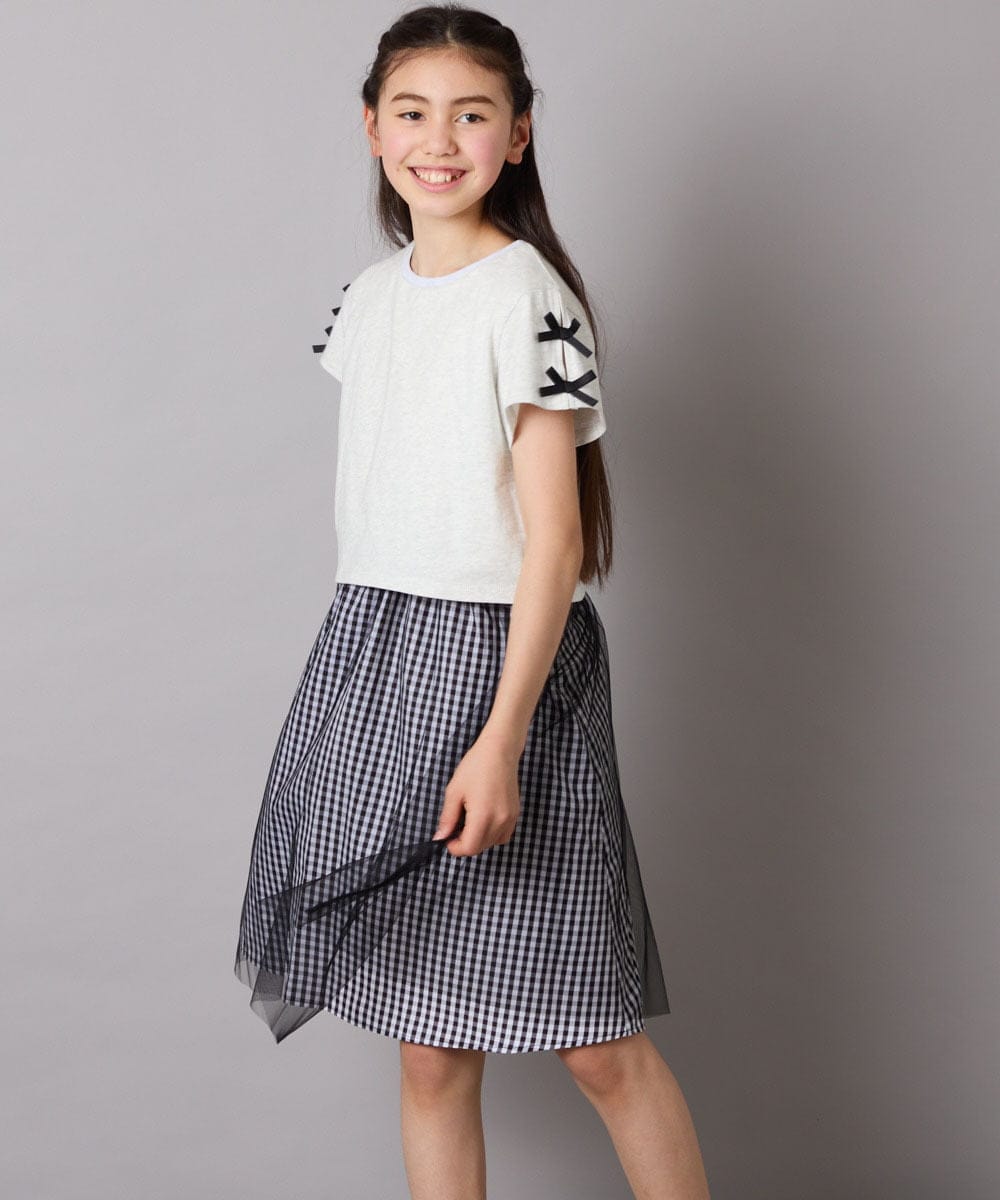 KJEGB41049 a.v.v KIDS(アー・ヴェ・ヴェ) [140-150]袖リボンチュールドッキングワンピース ラベンダー