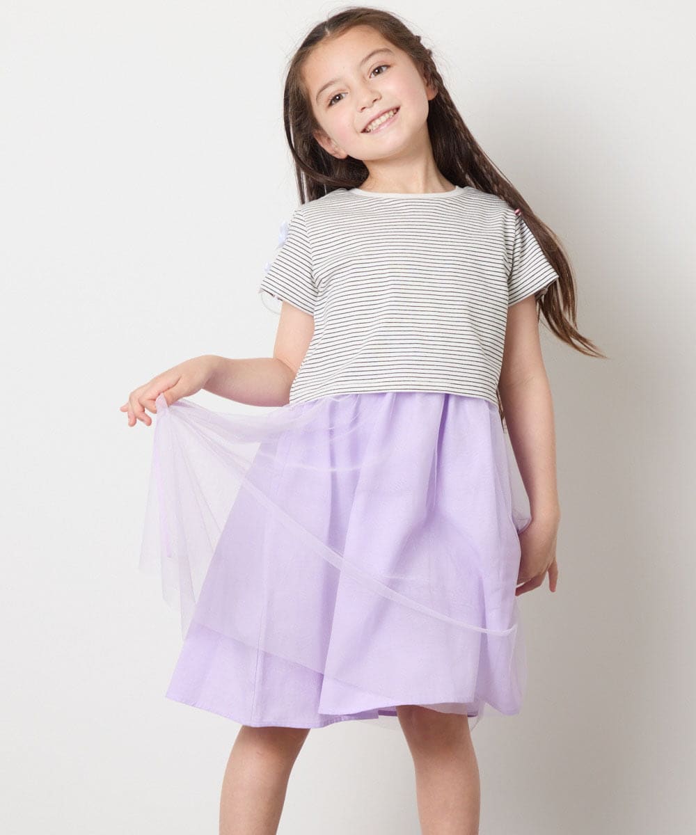 KJEGB41049 a.v.v KIDS(アー・ヴェ・ヴェ) [140-150]袖リボンチュールドッキングワンピース ラベンダー