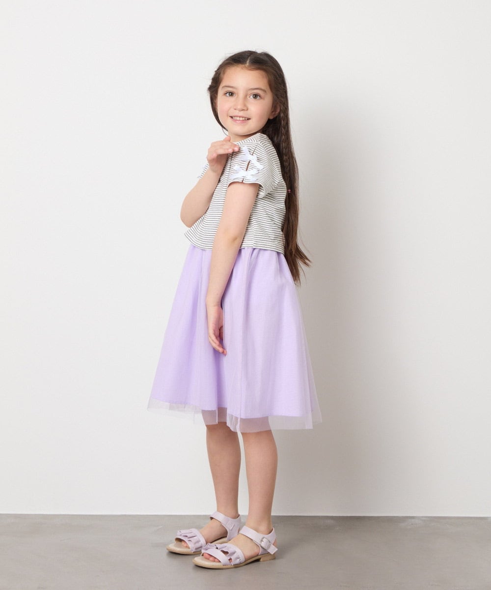 KJEGB41049 a.v.v KIDS(アー・ヴェ・ヴェ) [140-150]袖リボンチュールドッキングワンピース ラベンダー