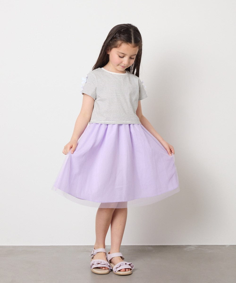 KJEGB41049 a.v.v KIDS(アー・ヴェ・ヴェ) [140-150]袖リボンチュールドッキングワンピース ラベンダー