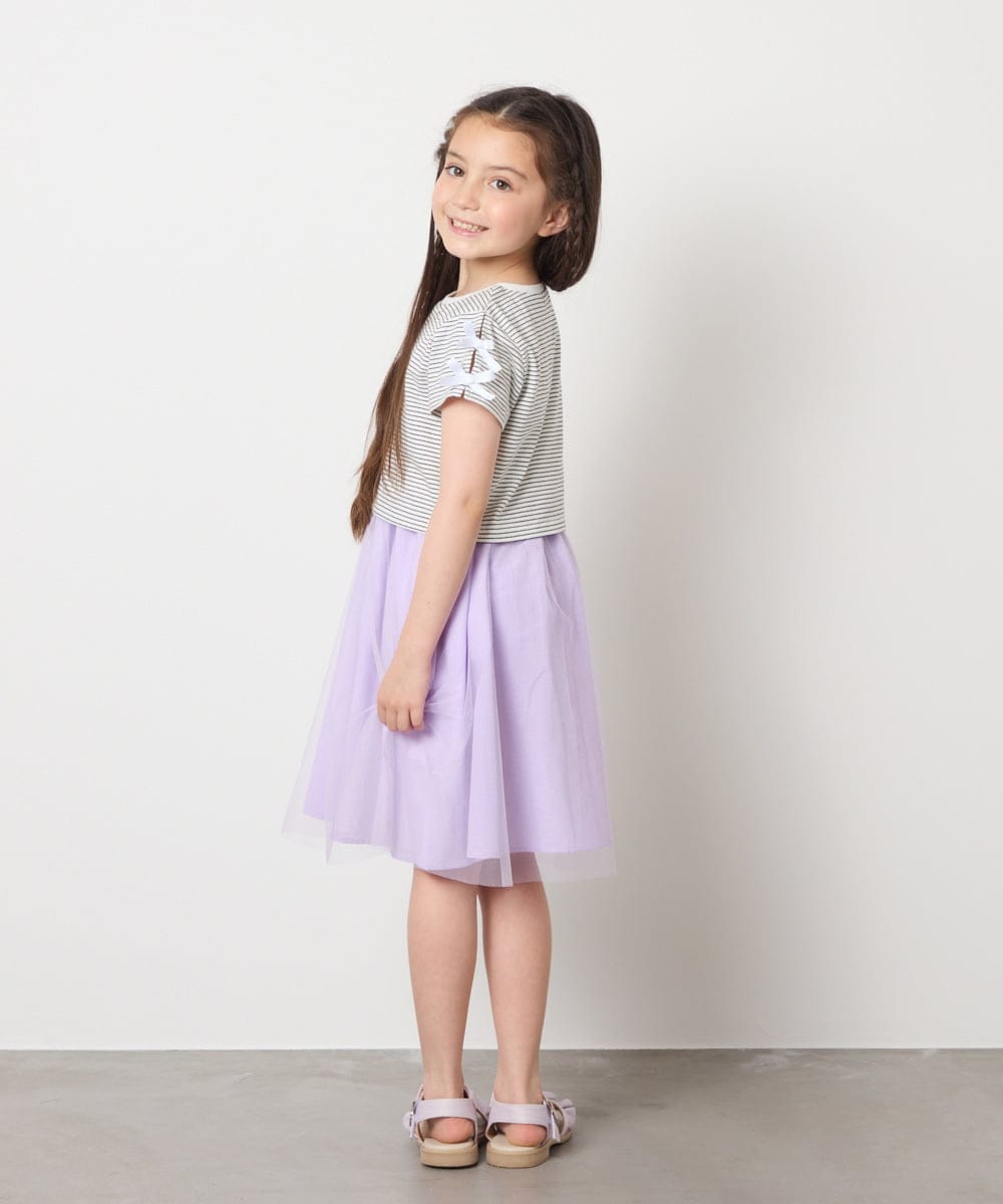 KJEGB41049 a.v.v KIDS(アー・ヴェ・ヴェ) [140-150]袖リボンチュールドッキングワンピース ラベンダー