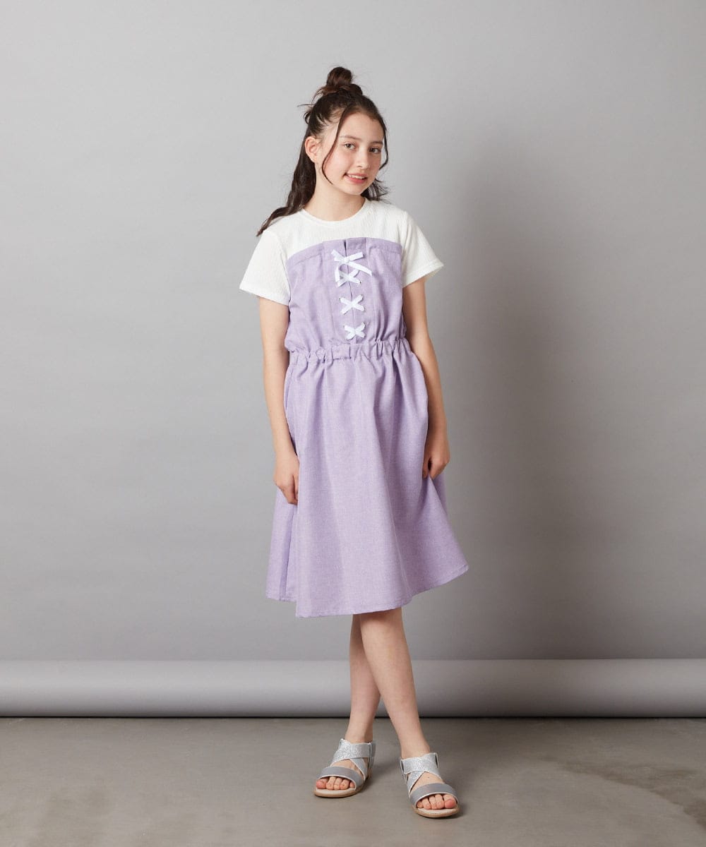 KJEGV22039 a.v.v KIDS(アー・ヴェ・ヴェ) [100-130]レースアップドッキングワンピース ブルー