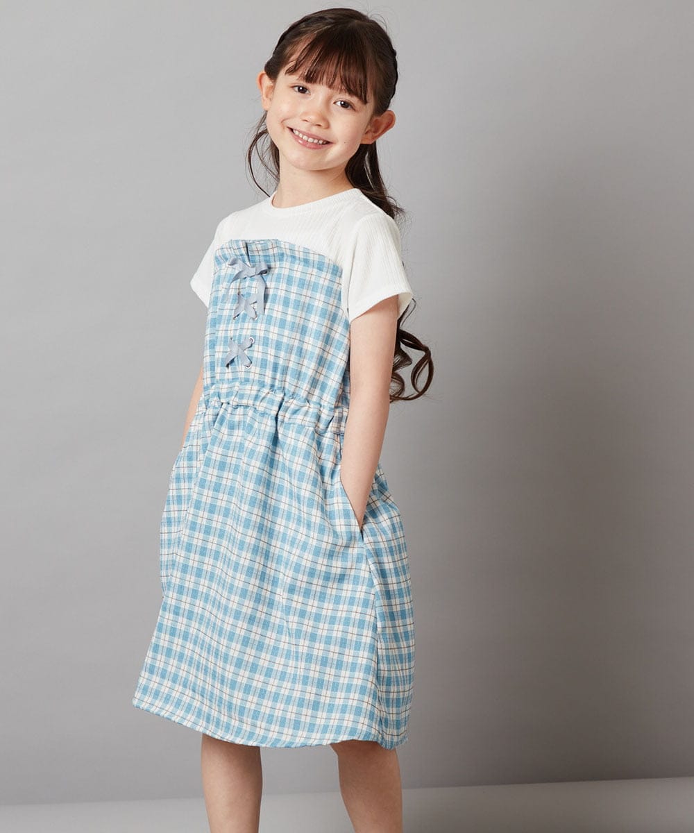 KJEGV22039 a.v.v KIDS(アー・ヴェ・ヴェ) [100-130]レースアップドッキングワンピース ブルー