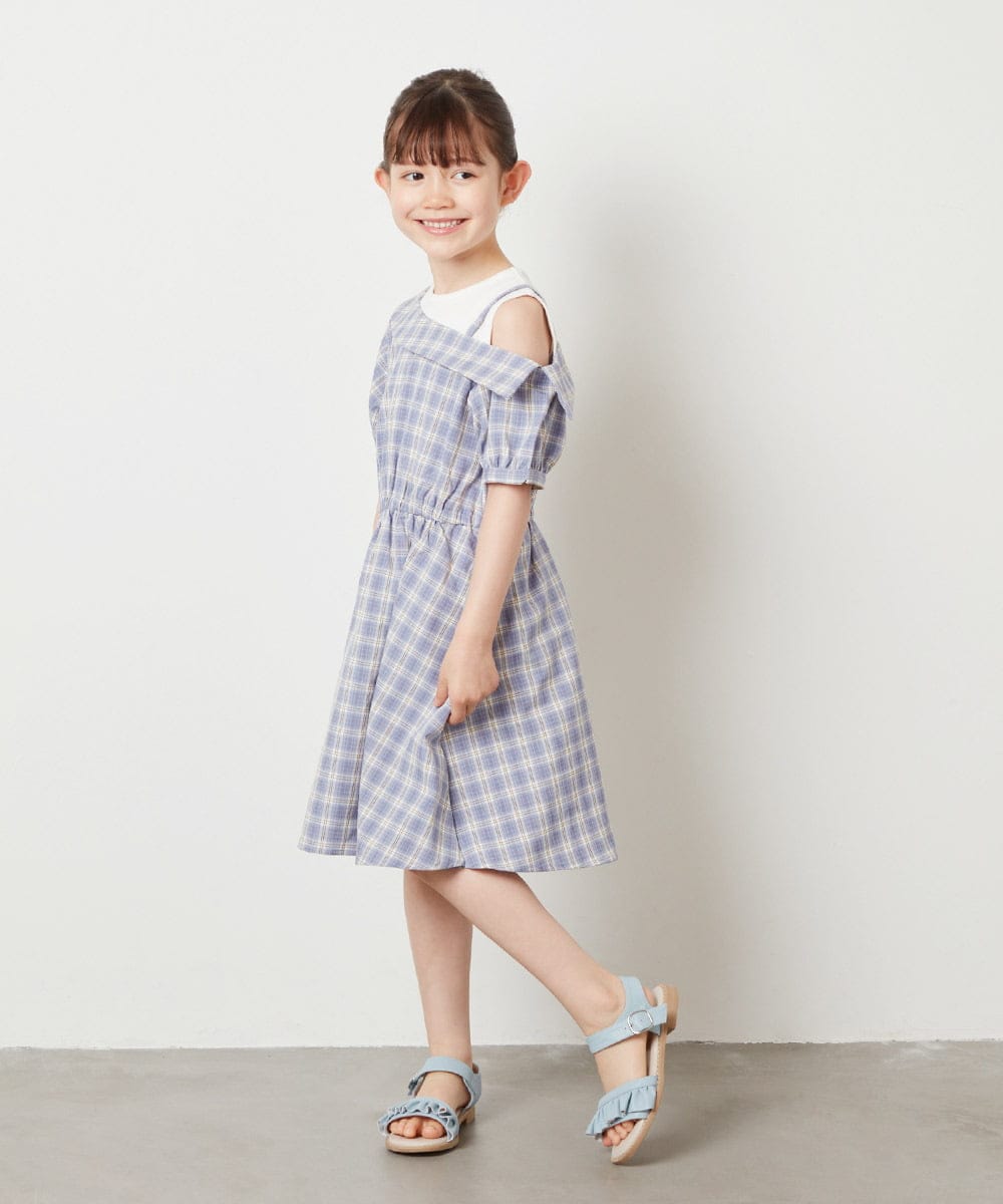 KJEGV42039 a.v.v KIDS(アー・ヴェ・ヴェ) [100-130]アシメオフショルレイヤード風ワンピース チェック