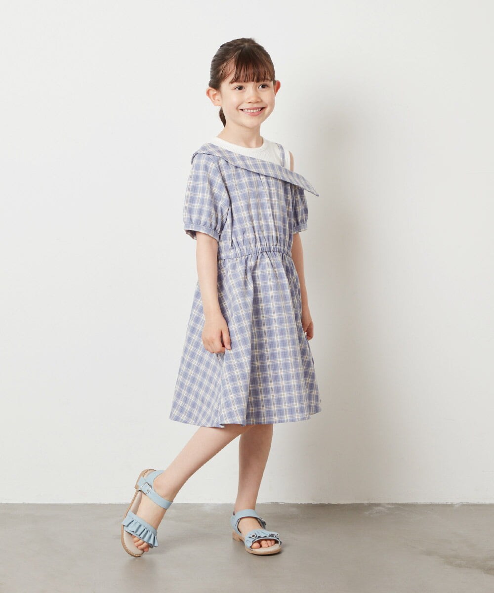 KJEGV42039 a.v.v KIDS(アー・ヴェ・ヴェ) [100-130]アシメオフショルレイヤード風ワンピース チェック