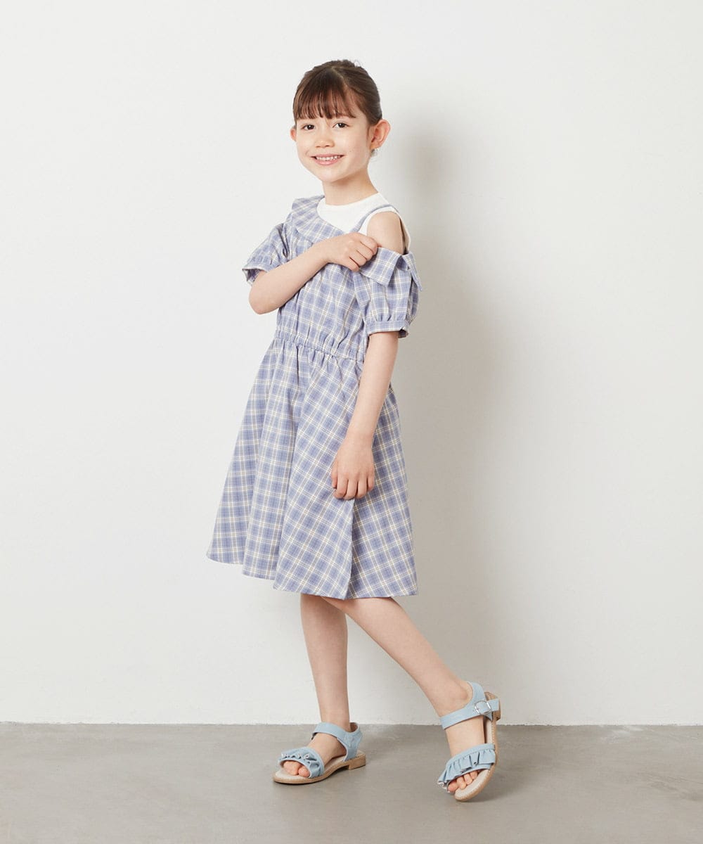 KJEGV42039 a.v.v KIDS(アー・ヴェ・ヴェ) [100-130]アシメオフショルレイヤード風ワンピース チェック