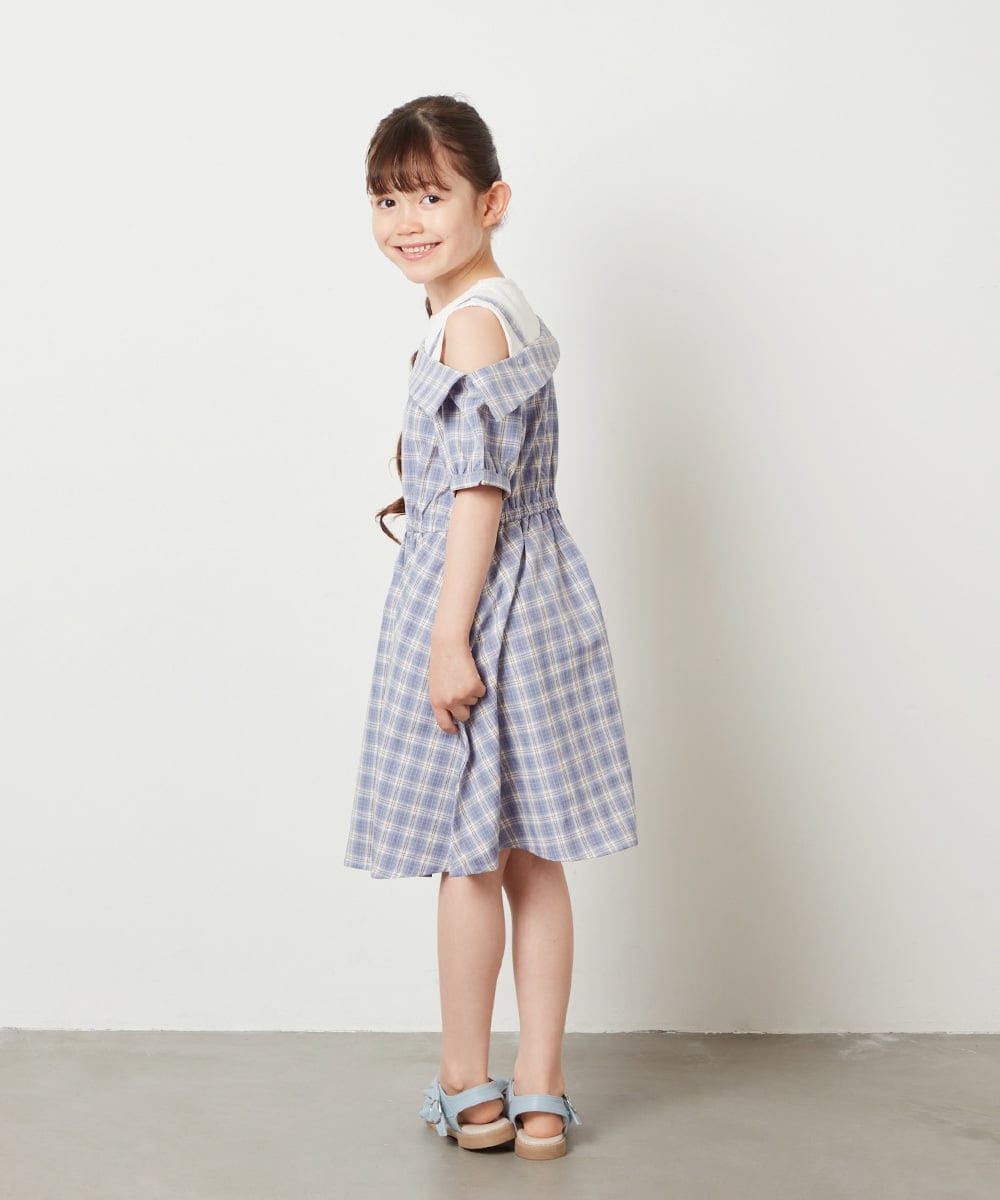 KJEGV42039 a.v.v KIDS(アー・ヴェ・ヴェ) [100-130]アシメオフショルレイヤード風ワンピース チェック