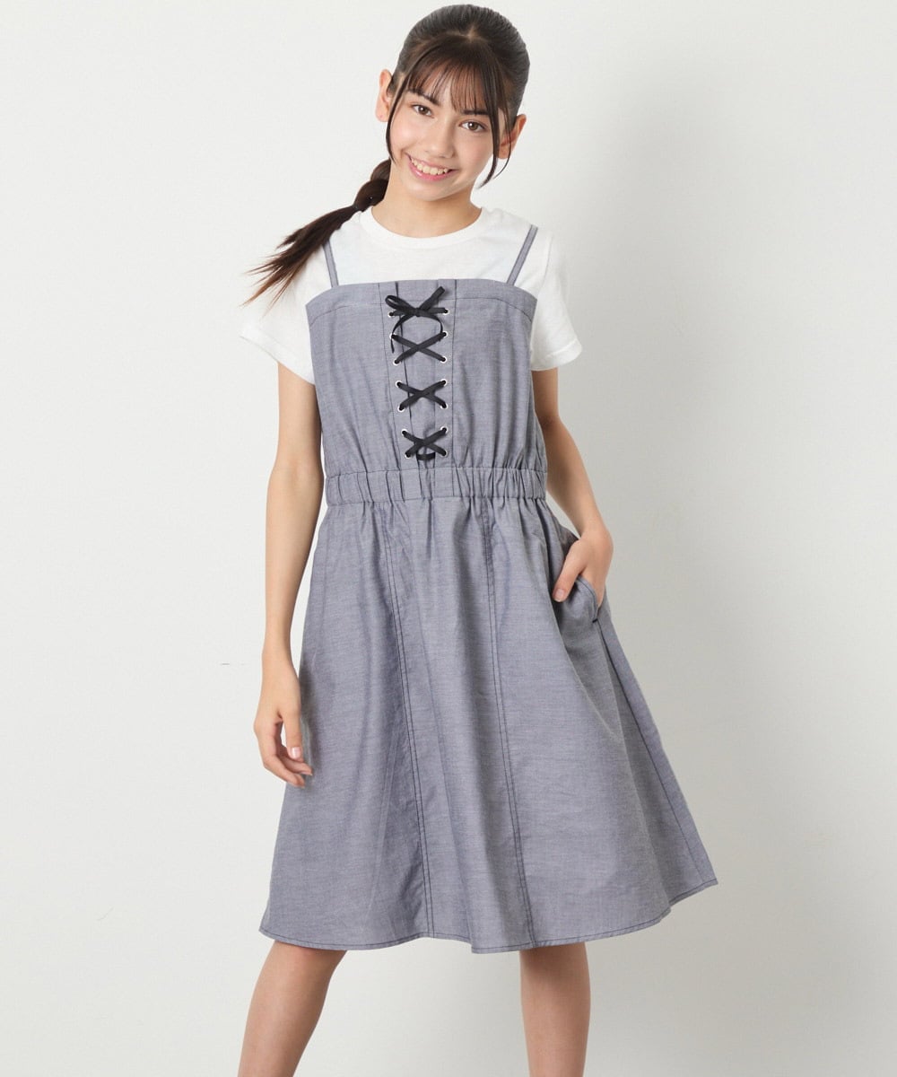 KJEHA22054 a.v.v KIDS(アー・ヴェ・ヴェ) [120-160]【接触冷感/ジメジメ対策】フロントレースアップドッキングワンピース ブラック