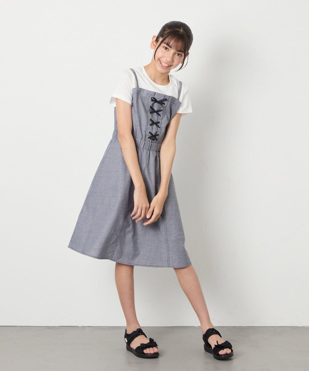 KJEHA22054 a.v.v KIDS(アー・ヴェ・ヴェ) [120-160]【接触冷感/ジメジメ対策】フロントレースアップドッキングワンピース ブラック
